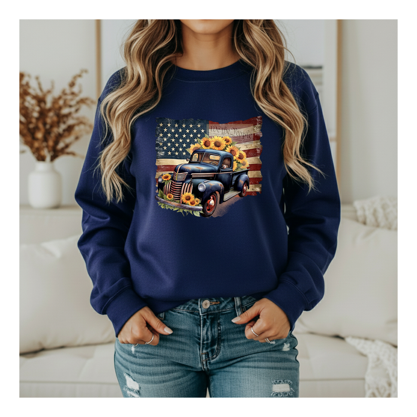 Patriotic Classic Truck Sunflower Crewneck