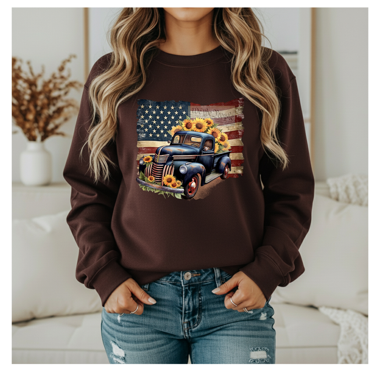 Patriotic Classic Truck Sunflower Crewneck