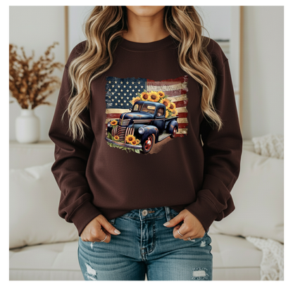 Patriotic Classic Truck Sunflower Crewneck