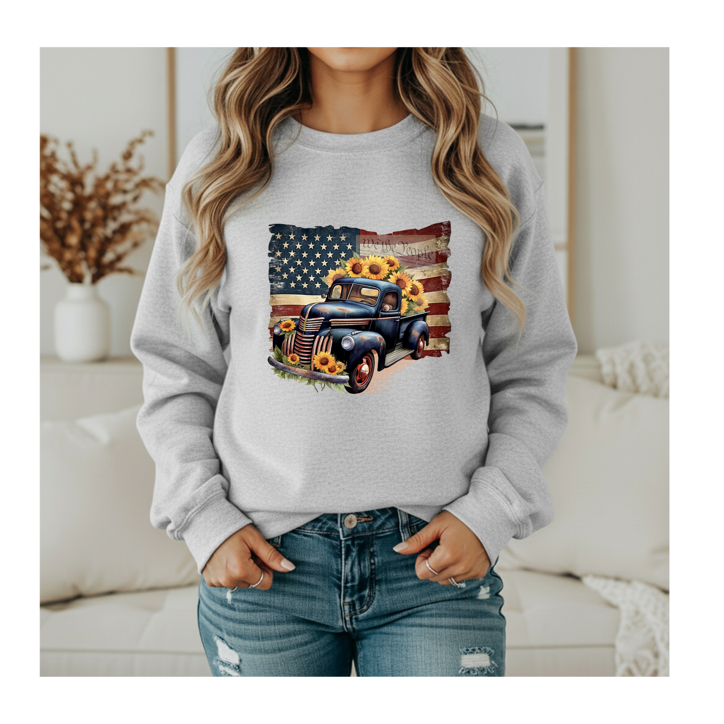 Patriotic Classic Truck Sunflower Crewneck